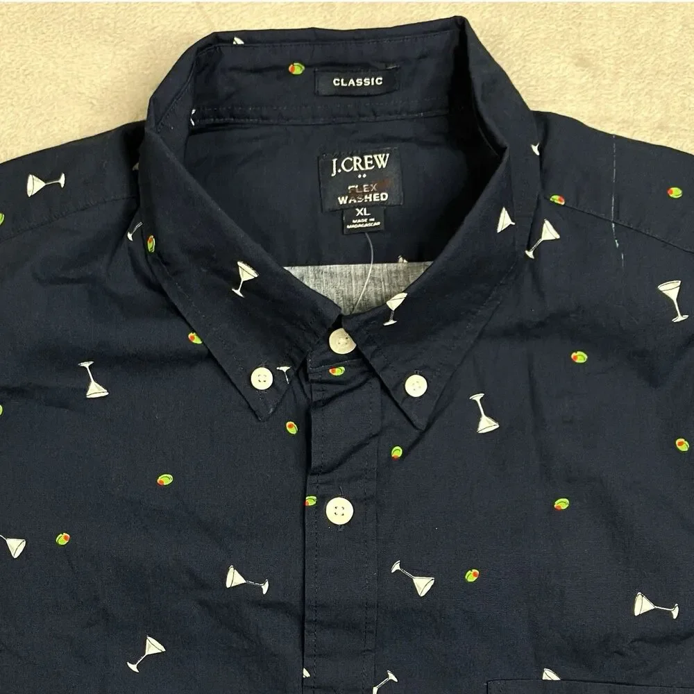 J.Crew Shirt Mens XL Navy Flex Washed Martini Olive Print Button Down Novelty